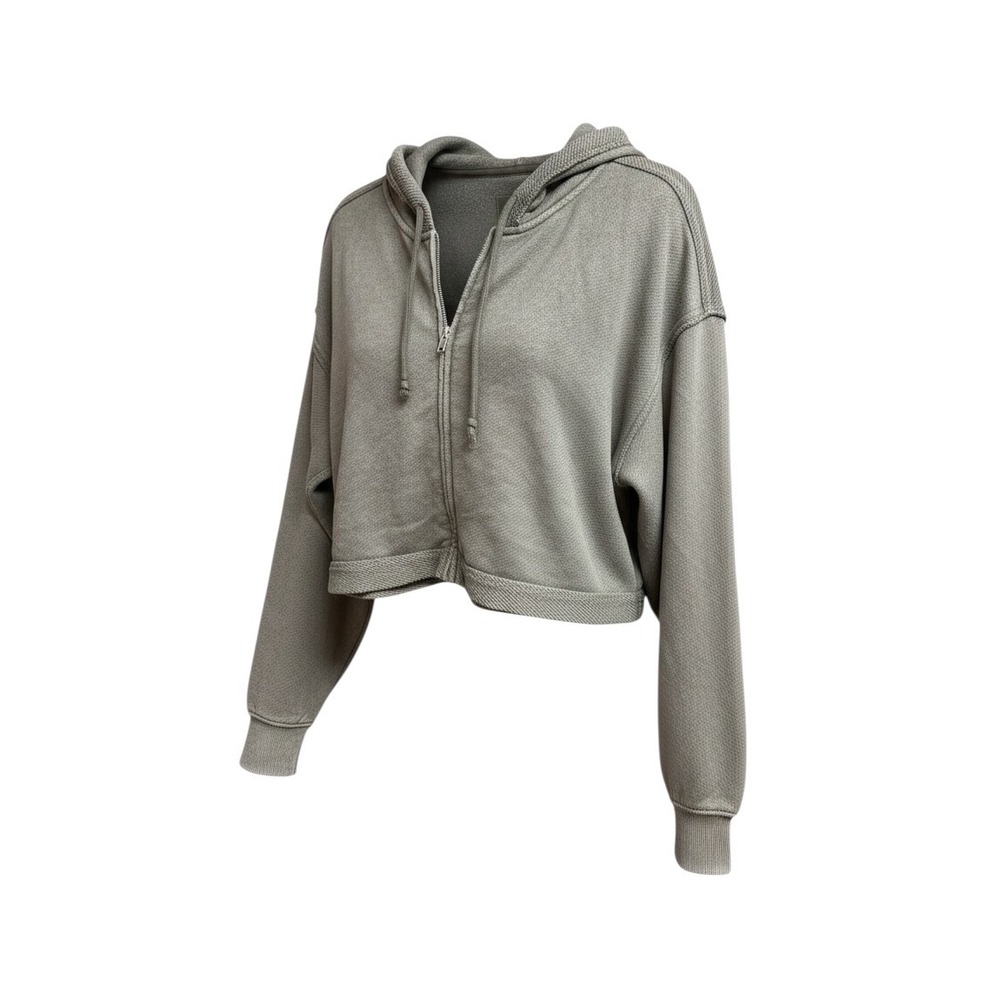 Aerie Women Olive Green Cropped Zip Up Hoodie Waffle Knit Sweatshirt Small